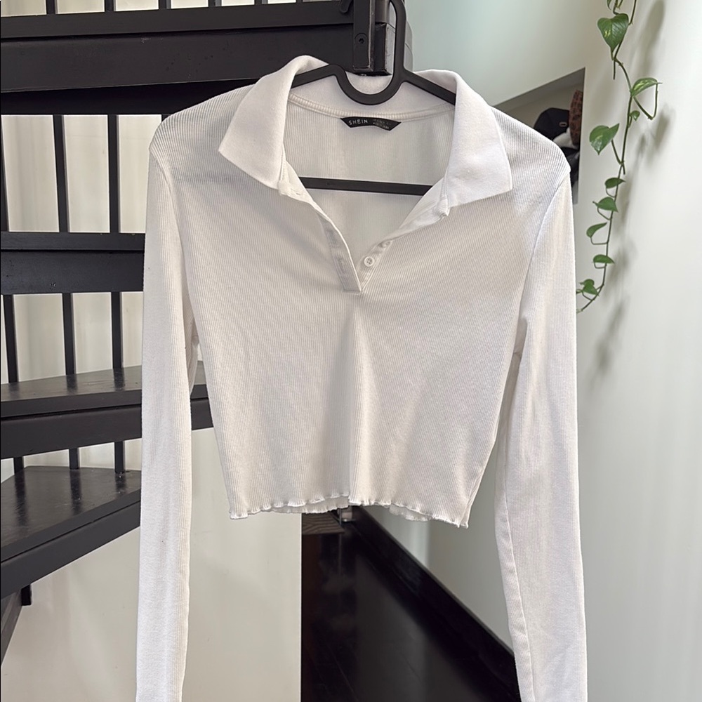 SHEIN White Long Sleeve Fitted Polo Crop Top